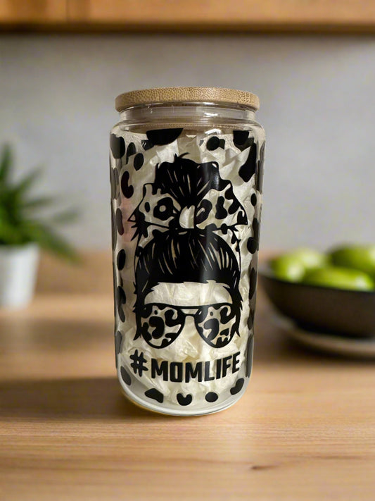 16 oz. #MomLife, mom life, Cheetah Print, Libbey, Beer Can Glass, cup,